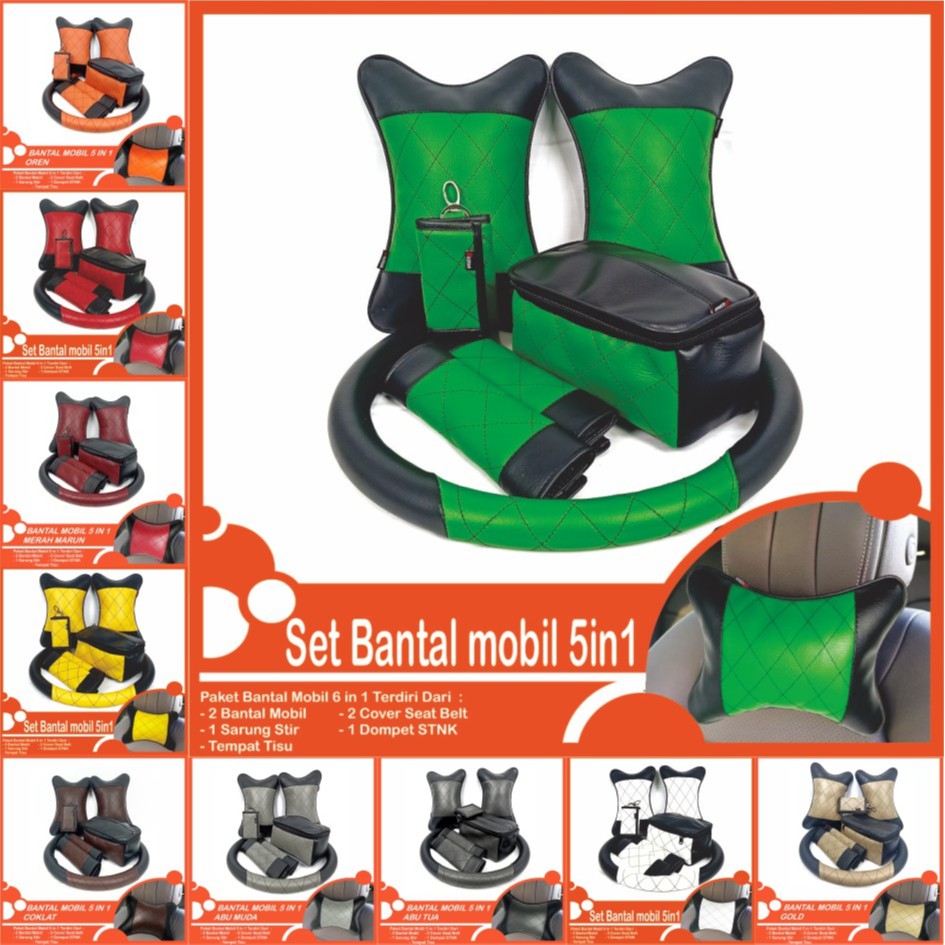 Set Bantal Mobil 5 in 1 Premium Bantal Leher Cover Stir Seatbelt Tempat Tisu Free Dompet STNK