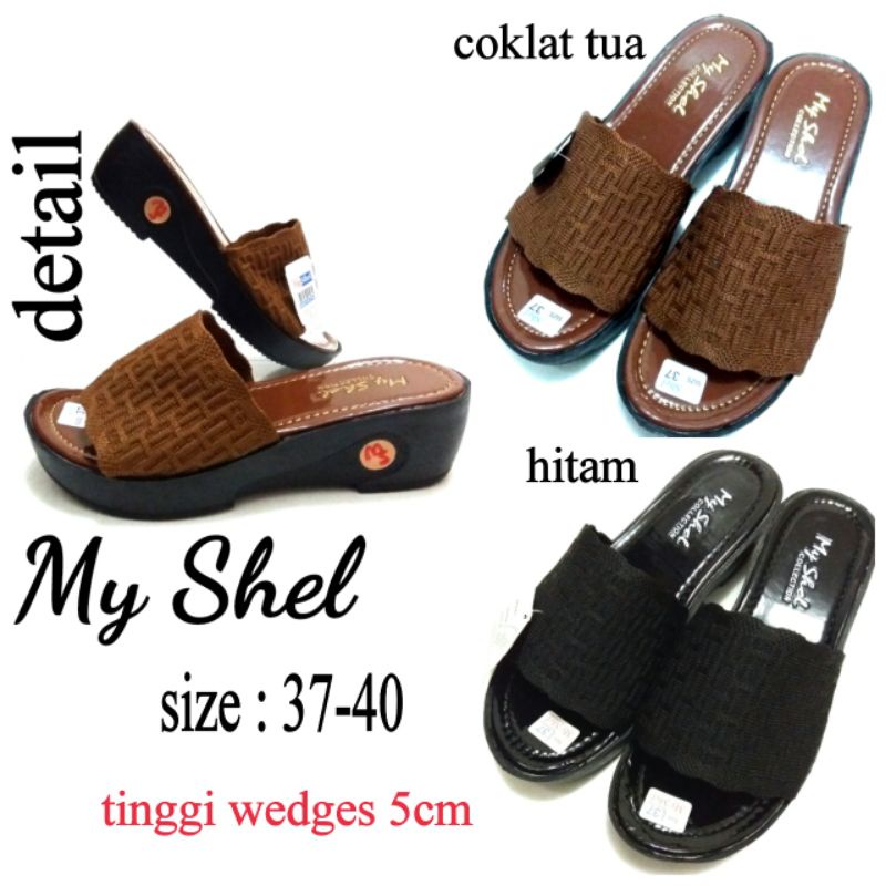 SANDAL SELOP WEDGES WANITA SANDAL RAJUT MY SHEL SIZE 37-40 WARNA COKLAT TUA HITAM TERMURAH