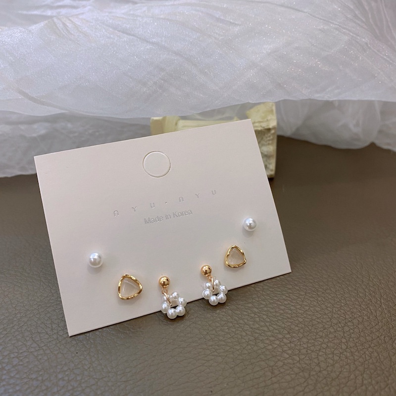 3 Pasang / Set Anting Stud Mutiara Opal Bentuk Hati Gaya Elegan Untuk Wanita