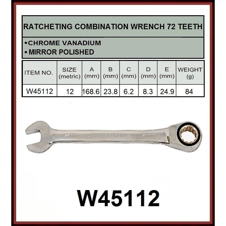 JONNESWAY RATCHETING COMBINATION WRENCH 72 TEETH ( W45112 )
