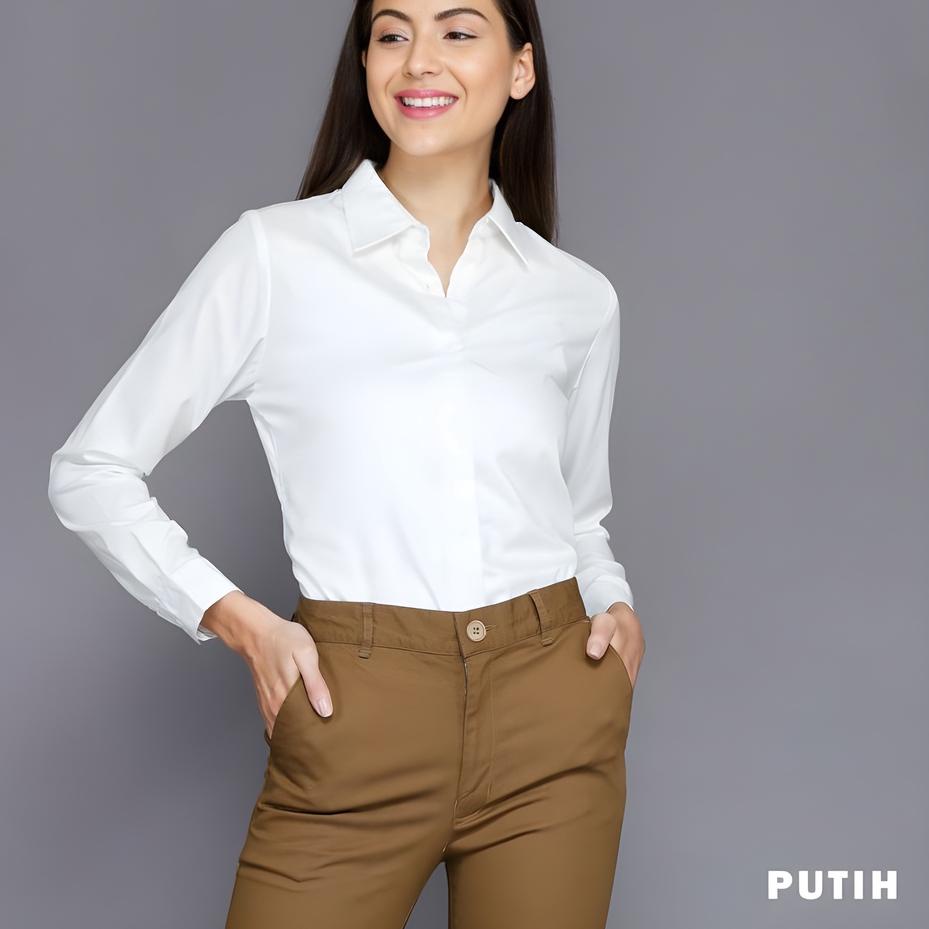 Chekout Baju Kemeja Polos Kerja Kantor Atasan Wanita Lengan Panjang Cewek Remaja Dewasa Warna Putih 