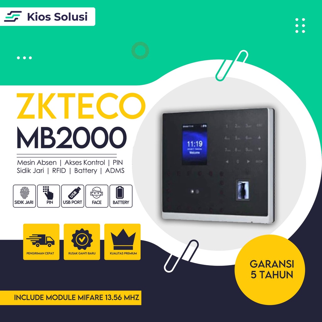 Mesin Absensi Wajah | Mesin Absen Sidik Jari | Fingerprint | PIN | Kartu RFID Mifare | ZKTECO MB2000 MIFARE 13.56MHZ | Battery