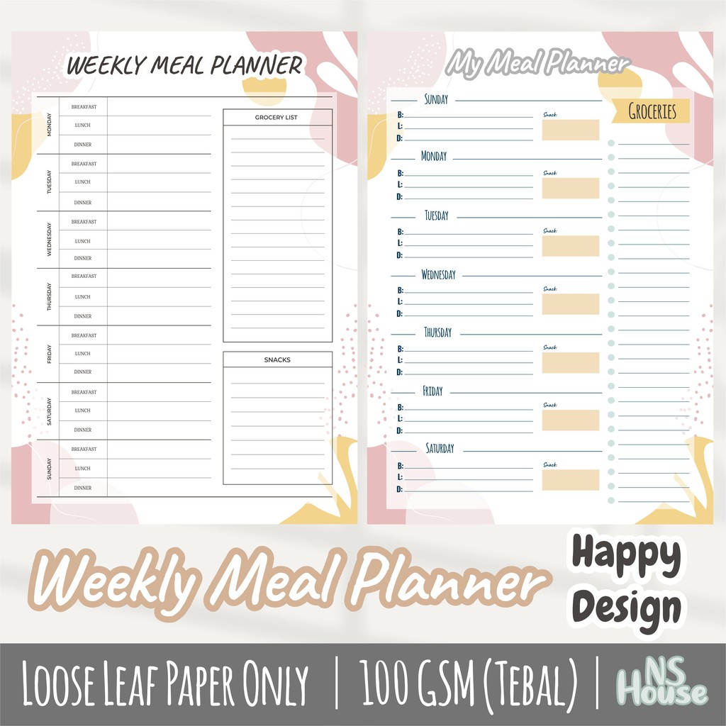 

Weekly Meal Planner - Binder Loose Leaf A5 & B5 - Happy Design