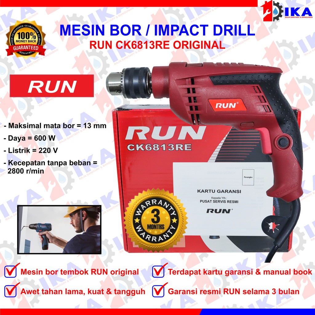 Mesin Bor RUN Impact Drill 10mm 13mm Set Reversible Mesin Bor Tangan Listrik