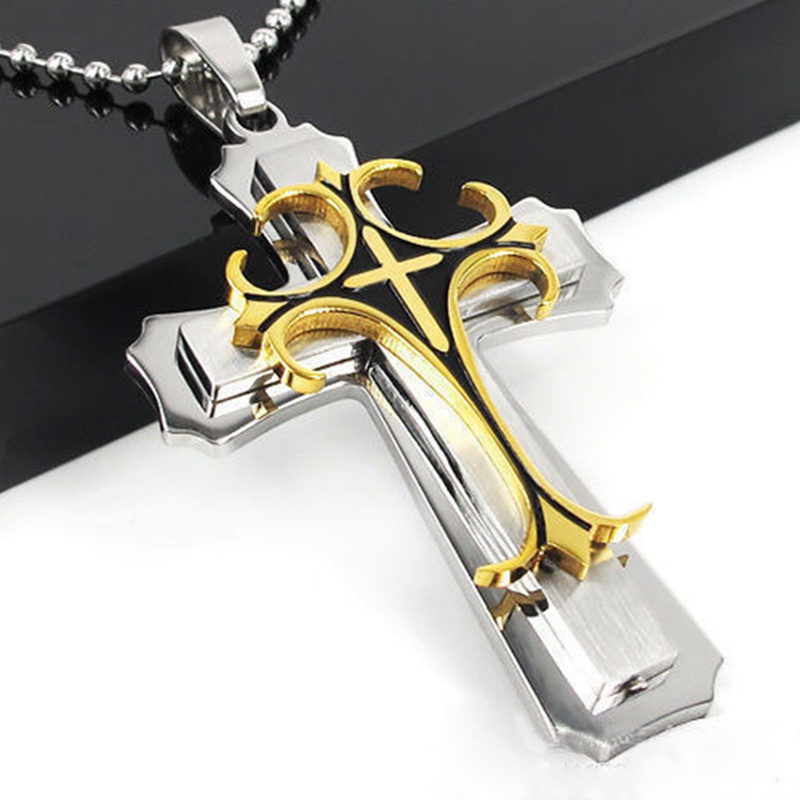 Fancyqube 1pc Kalung Liontin Salib Yesus Bahan Stainless Steel Warna Silver / Gold / Hitam Hias Kristal Zirconia