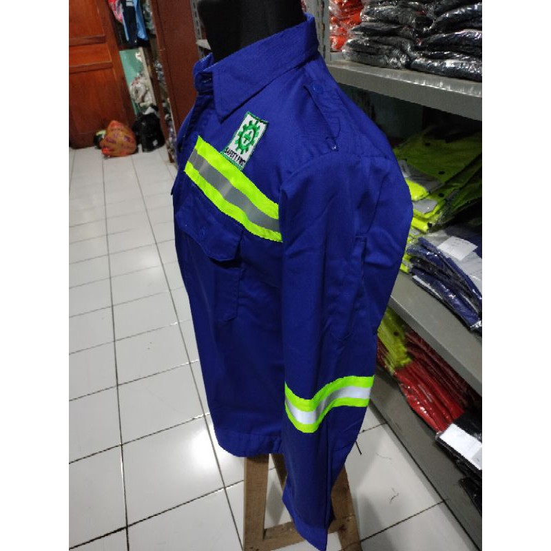 BAJU SERAGAM SAFETY BIRU BENHUR BCA KANCING SCOTLIGHT 5CM HIJAU FREE LOGO K3 BENDERA