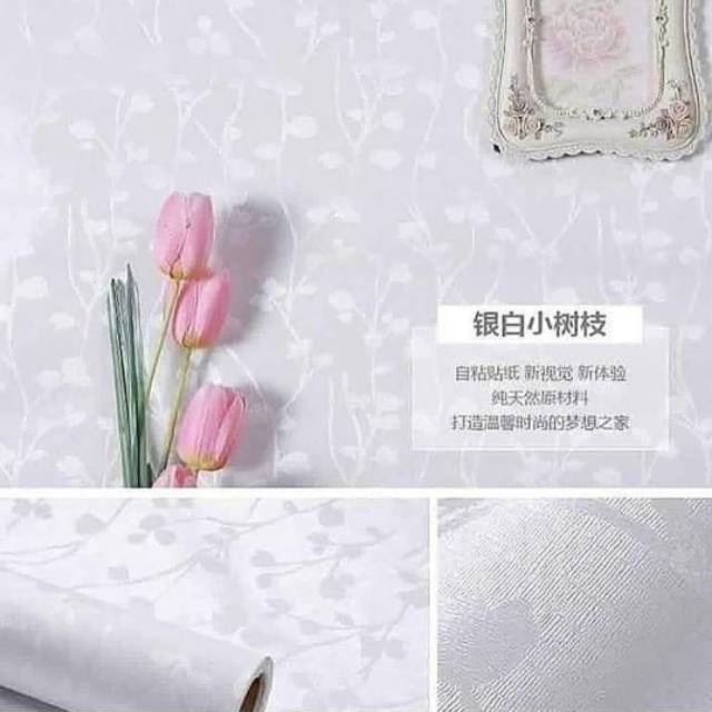 Wallpaper Sticker Dinding Premium Putih Bunga Panjang 10Meter x Lebar 45cm