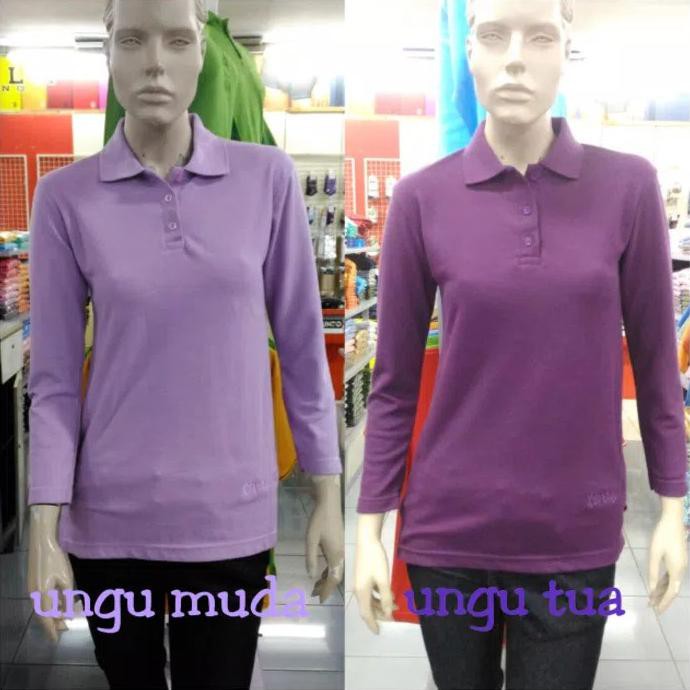 Kaos Wanita Polo Shirt Ungu Tua Ungu Muda Custom Bordir Lengan Panjang