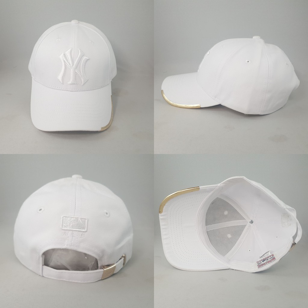 TOPI SNAPBACK MLB MELENGKUNG NY PUTIH LOGO PUTIH LOGAM