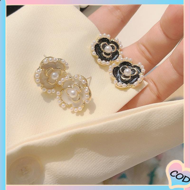 COD❤️ Tren Anting Pejantan Camellia Gaya Hong Kong Anting Pejantan Perak Mutiara-A.one