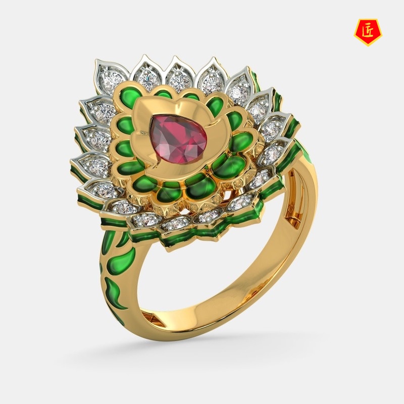 [Ready Stock]14K Gold Hot Flame Drop-Shaped Diamond-Studded Ring Luxury