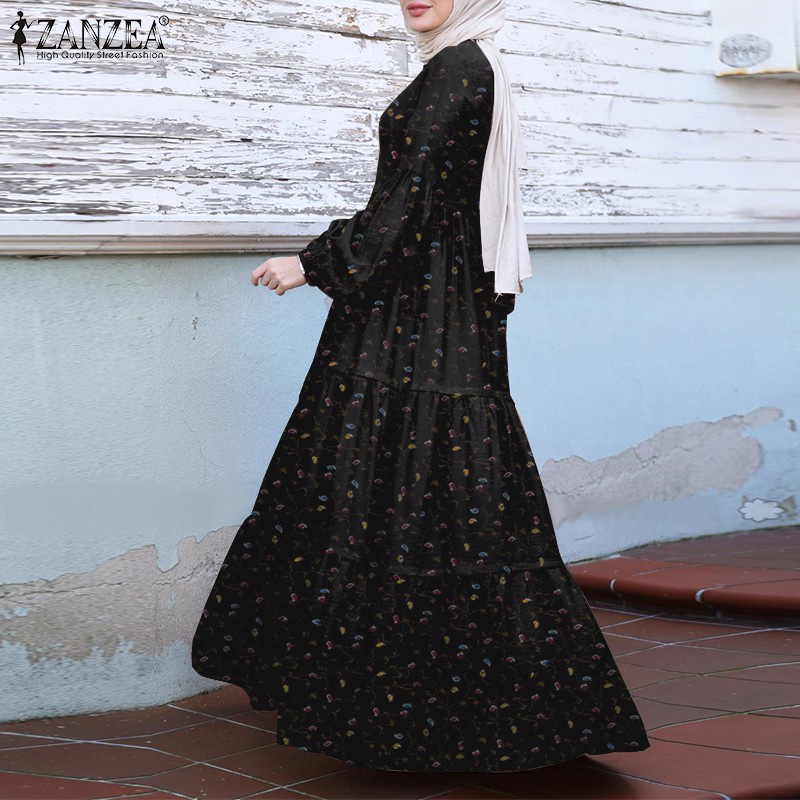 ZANZEA Women Long Sleeve Vintage Printed Tiered Long Muslim Dress