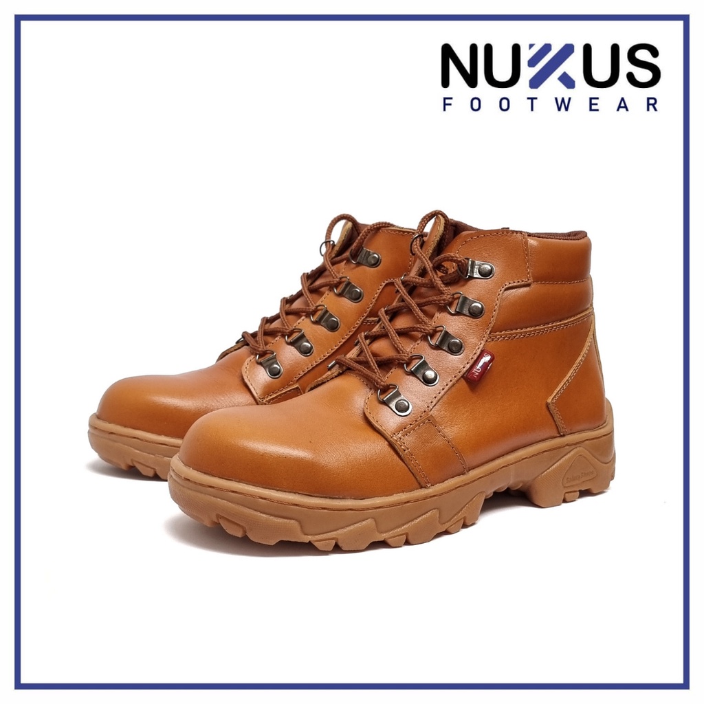 Nukus Sepatu Pria Safety Boots Kulit Sapi Asli Coklat Tan Safety Outdor - D04