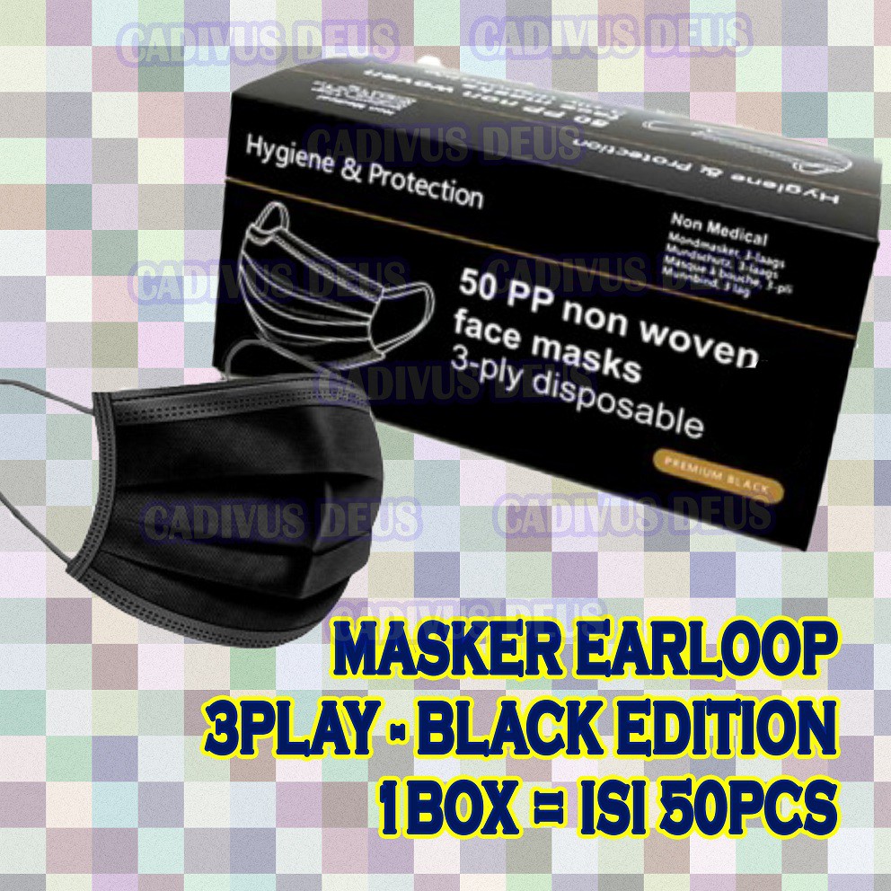 MASKER - 3PLAY - EARLOOP HITAM - MOTIF - HRG 1BOX 50PCS