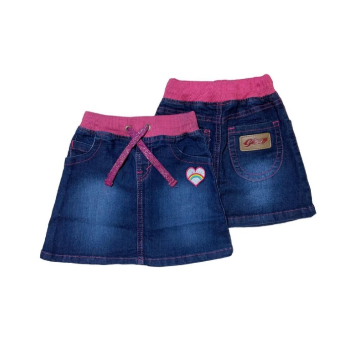 Rok Jeans Anak 2-4 tahun - Rok Pendek Anak Denim Rib Pink Bordir - Viyona