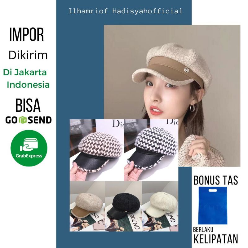 Topi Baret Wanita Korea Kekinian Fashion Aestetik Monochrome Hitam Putih