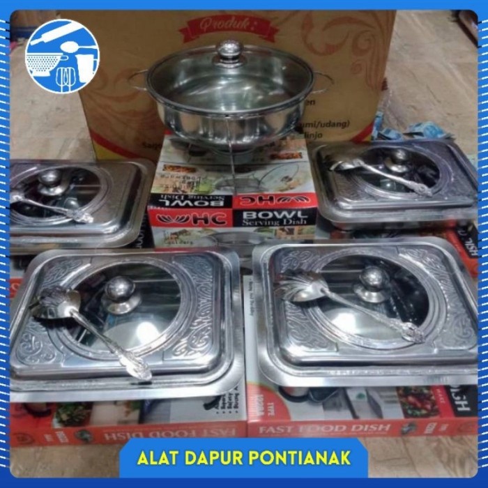 Saji Prasmanan - Set 4 Prasmanan Segi Stainless + 1 Warmer Stove Bulat + 5 Sendok