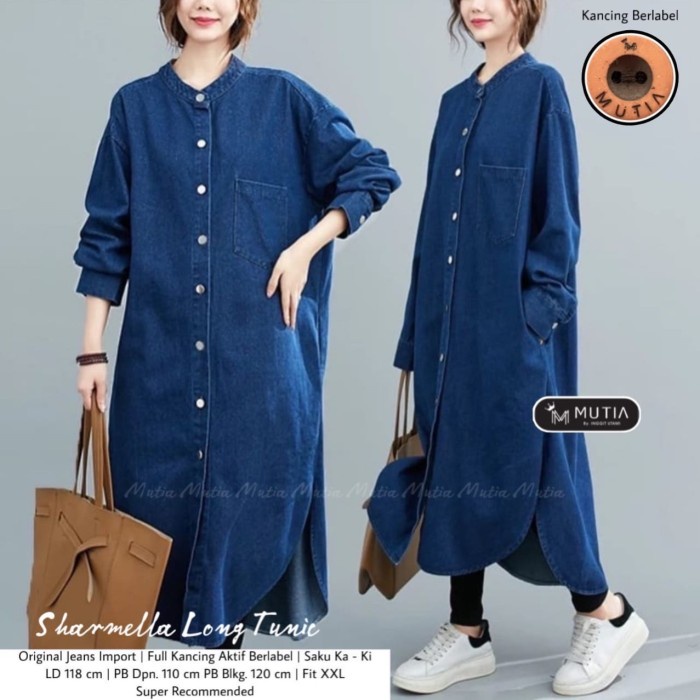 NEW SHARMELLA LONG TUNIK JEANS ATASAN WANITA JUMBO LD 118CM