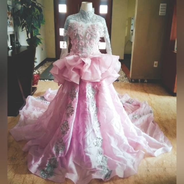 kebaya modern  pengantin baju pesta pernikahan wanita gaun barbie princess gown pra wed baby pink