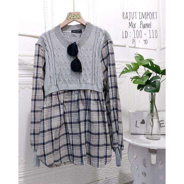 Atasan wanita bahan rajut import mix flanel import ukuran allsize ld 110