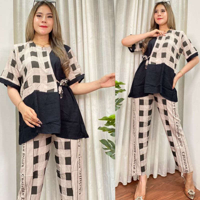 [BJSA COD BAYAR DIRUMAH] NEW ONESET KIMONO KOMBINASI KOTAK POLOS