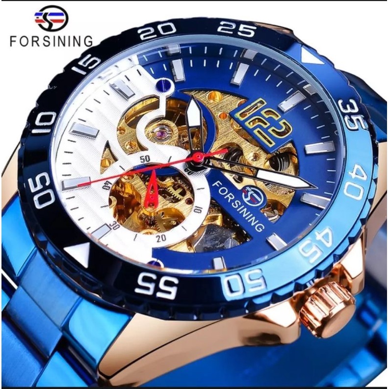 Jam Tangan Pria Original Automatic Forsining Sporty Luxury Skeleton Bisnis Blue