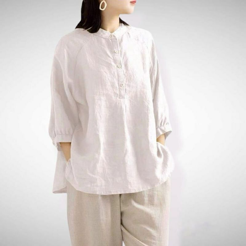 Kemeja Polos Linen Baju Atasan Wanita LD 120 Kerah Sanghai Lengan 3/4