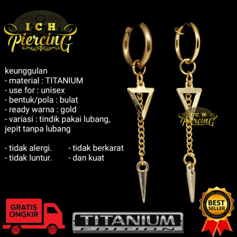 anting Hoop model segitiga rante bandul gold / anting tindik dan jepit warna gold / ICH PIERCING
