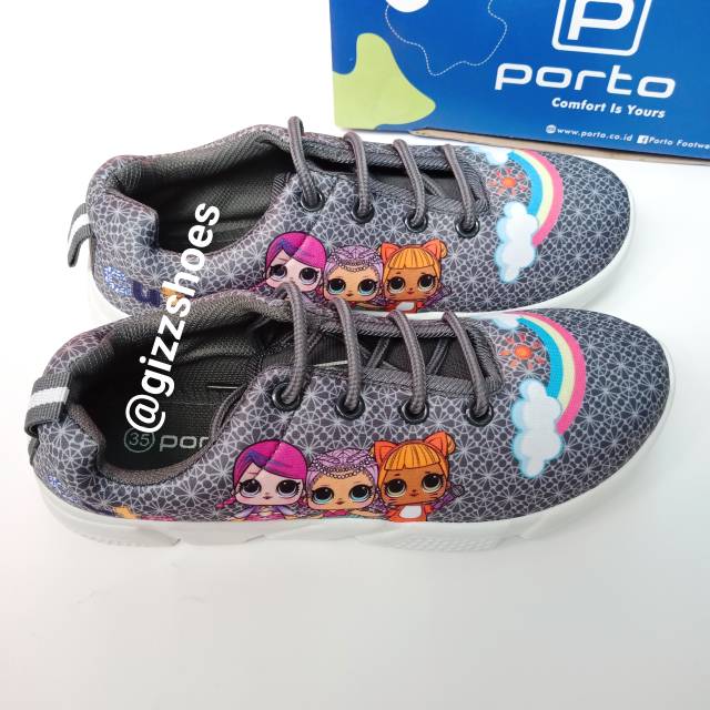 Sepatu Sekolah Anak Tali Karakter Perempuan/Wanita/Cewek Paud TK SD LOL Abu