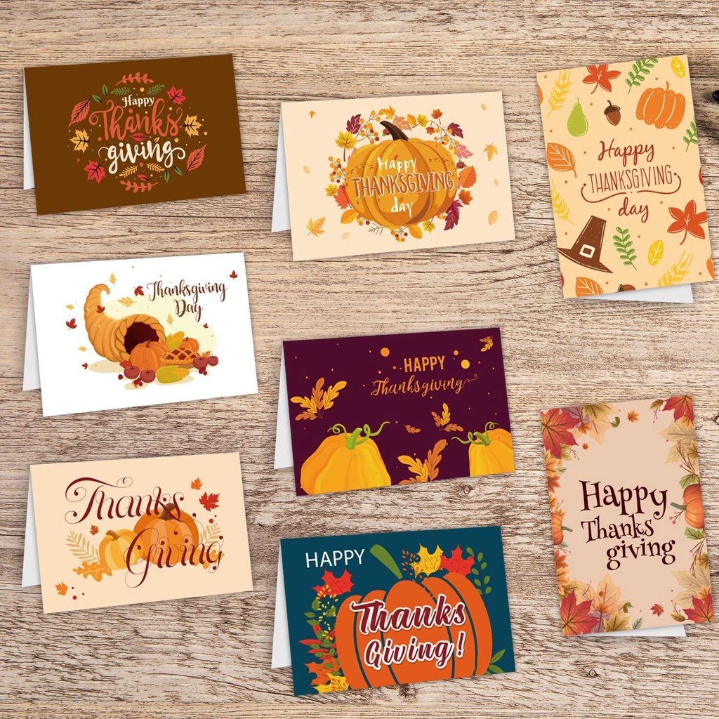 Solighter 8Pcs/set Kartu Ucapan Syukuran Amplop Hari Syukuran Holiday Pumpkin Note Card