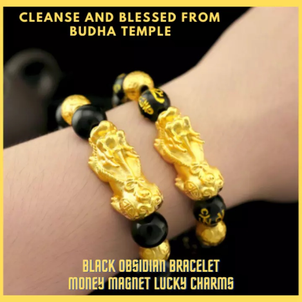 Piyao Gelang Magnet Obsidian Feng Shui Warna Hitam Emas Charm Uang Keberuntungan Charms