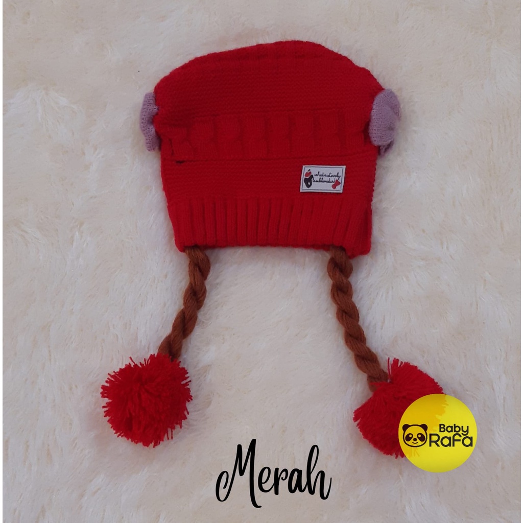 Topi Bayi Perempuan Rajut Pompom Model Kepang / Topi Rajut Premium Baby Girl model Kepang