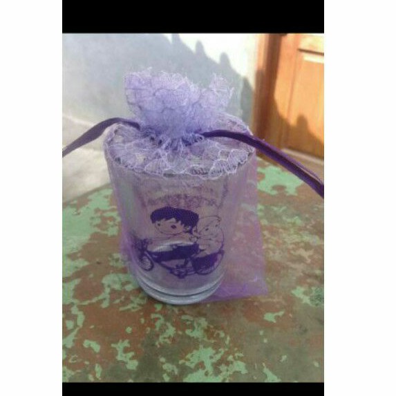 souvenir pernikahan gelas jamu sablon custom kemas sarung tile