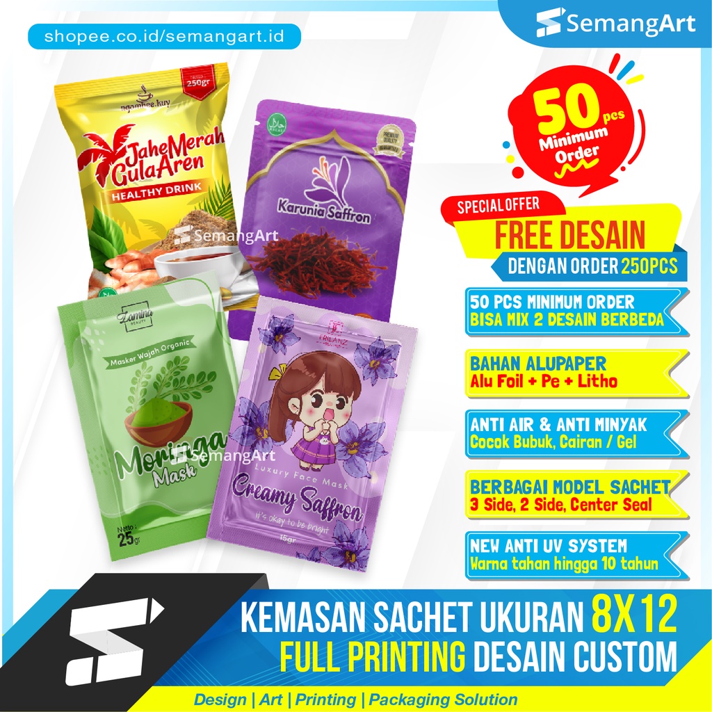 Kemasan Sachet 8x12 Plastik Klip Ziplock Flat Bottom Full Printing Bungkus Makanan / Masker / Bumbu 