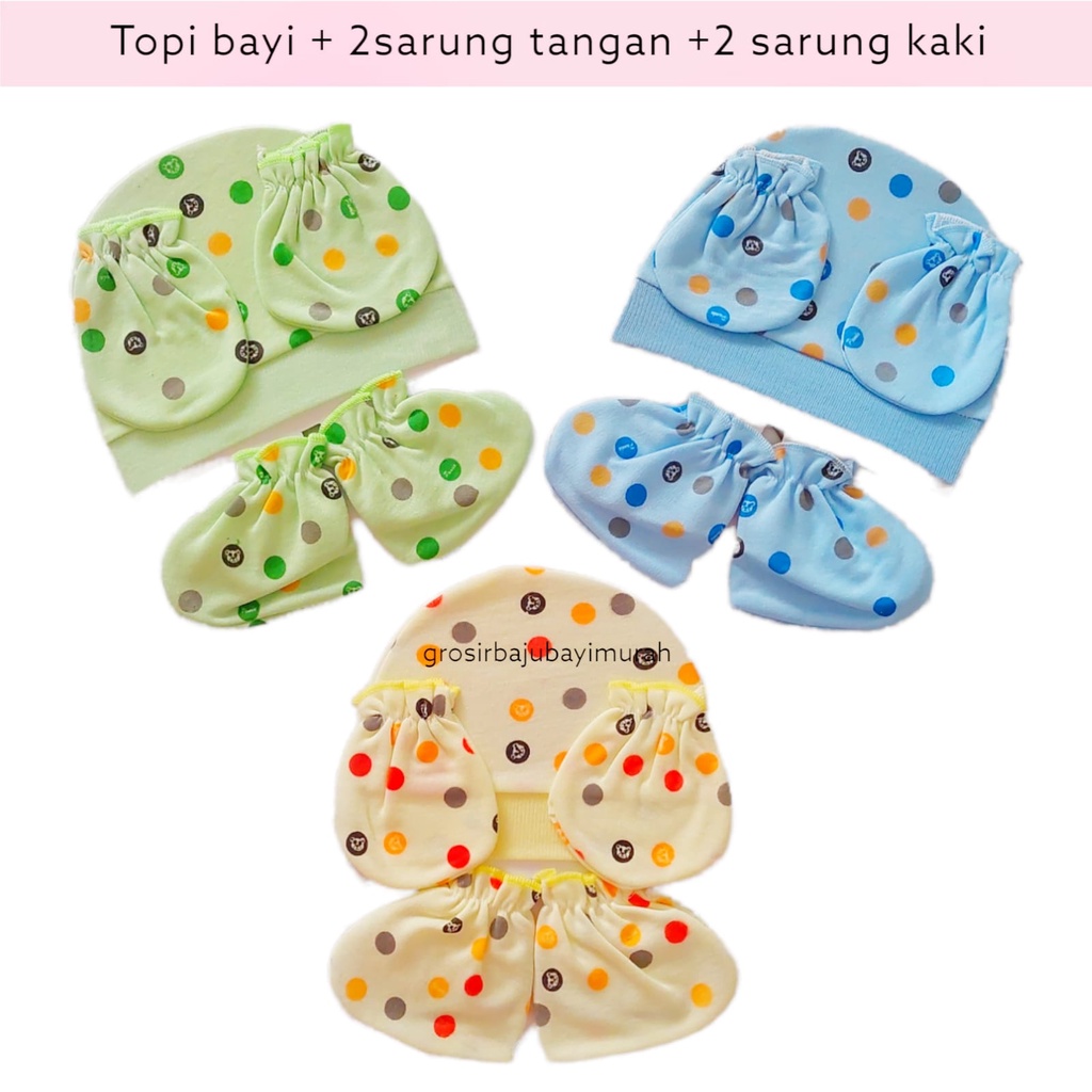 SET topi + sarung tangan kaki bayi POLKADOT WARNA