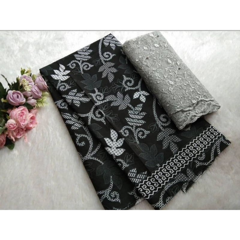 KAIN BATIK HALUS MOTIF DAUN SET TILE SILVER