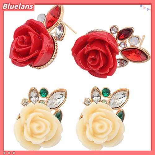 Bluelans Anting Stud Desain Bunga Mawar Aksen Berlian Imitasi Gaya Retro Elegan Untuk Wanita