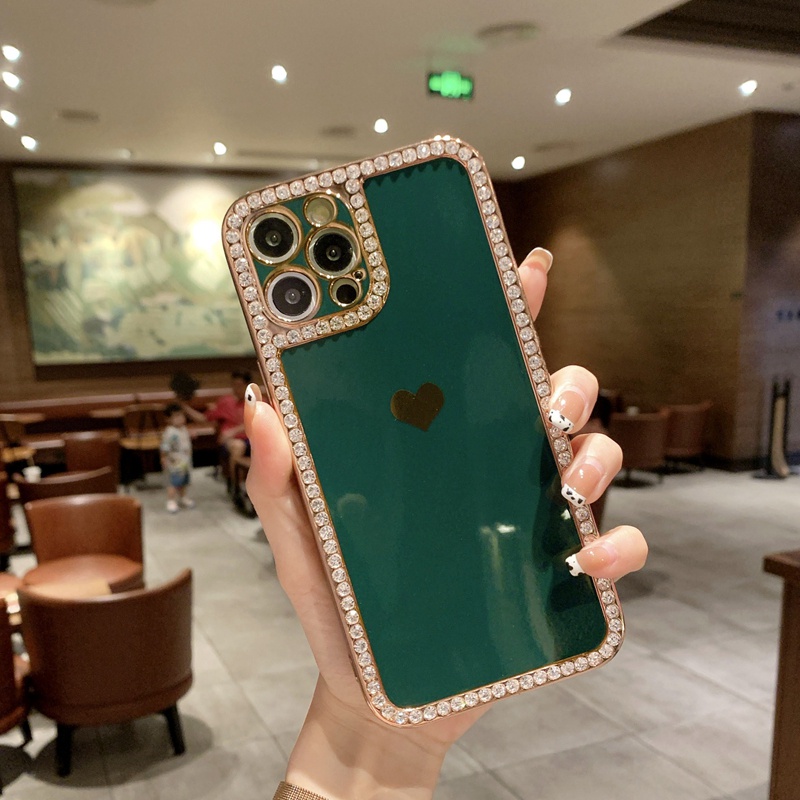 Case Bumper Belakang Desain Hati Bling Berlian Imitasi Untuk Iphone 12 11 13 Pro Max X XR XS Max 7 8 Plus SE 2020