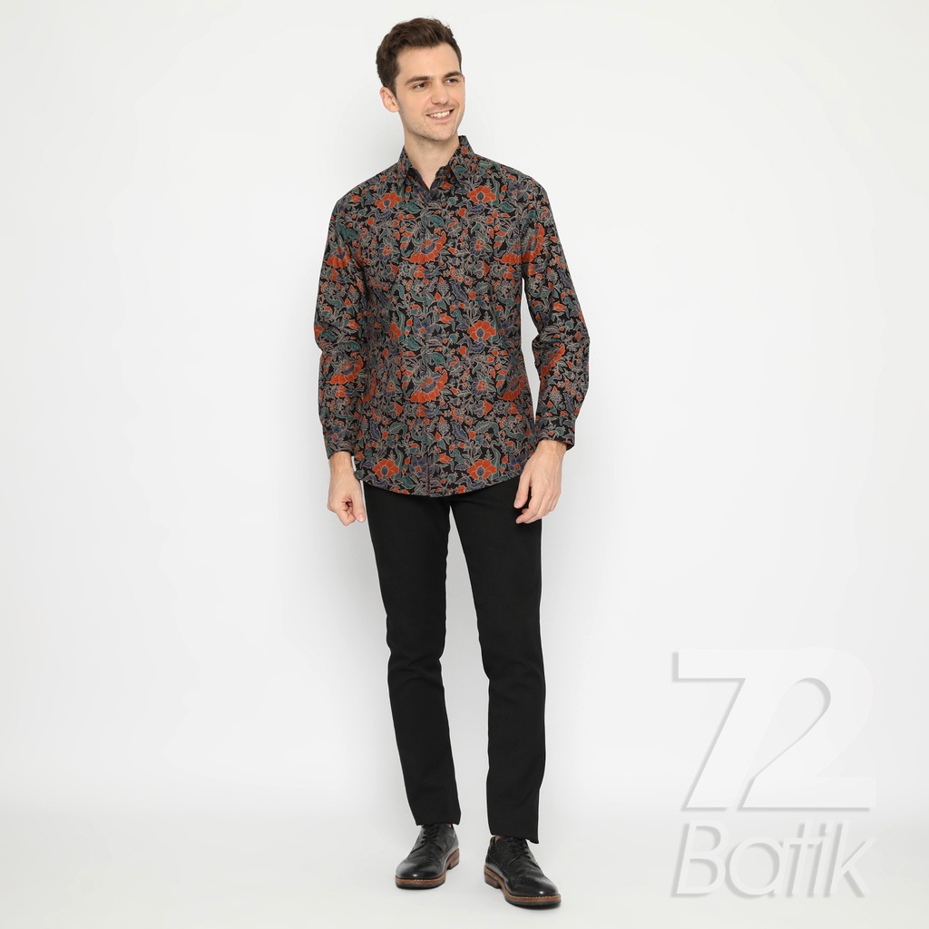 BAJU BATIK PRIA Kemeja Lengan Panjang Slimfit Slim Fit Premium Warna Hitam Orange Biru 729925 Cap 72 - Baju Kemeja Atasan Pakaian Setelan Batik Pria Cowok Laki Laki Remaja Keluarga Kantor Lengan Panjang Modern Slimfit Slim Fit Premium Kekinian