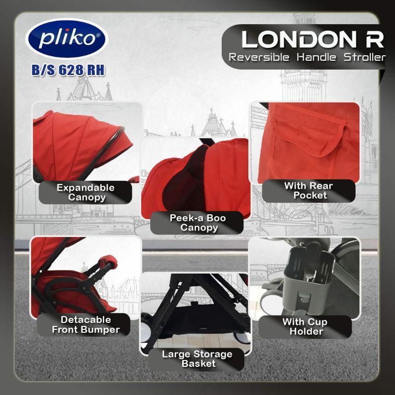 Stroller Pliko London R 628 Reversible Handle Hadap Ibu Kereta Dorong Bayi