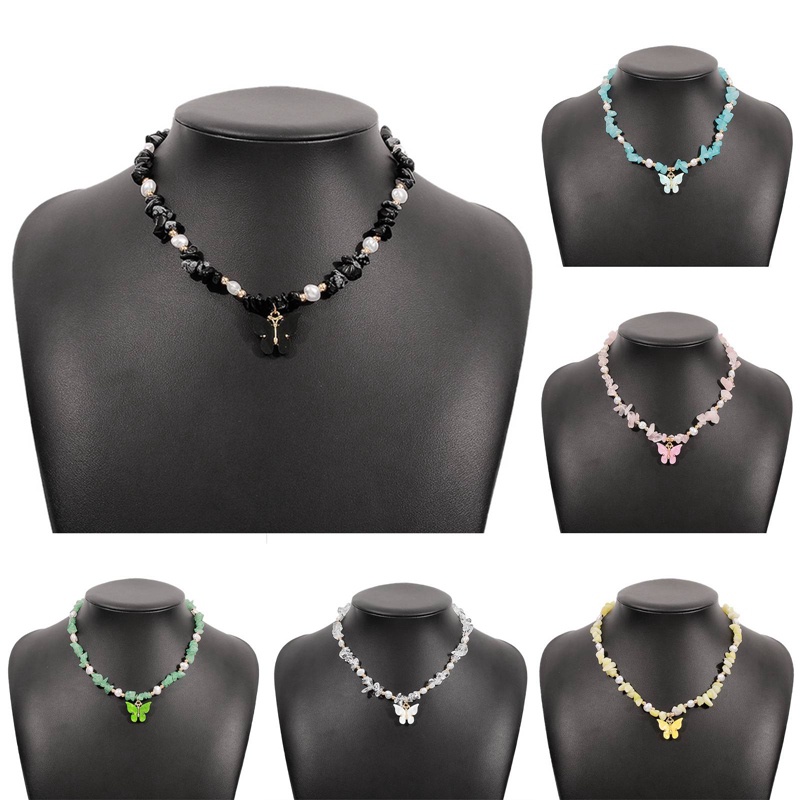 Kalung Pendek Liontin Kupu-Kupu Aksen Mutiara Imitasi Warna-Warni Gaya Bohemian Untuk Wanita