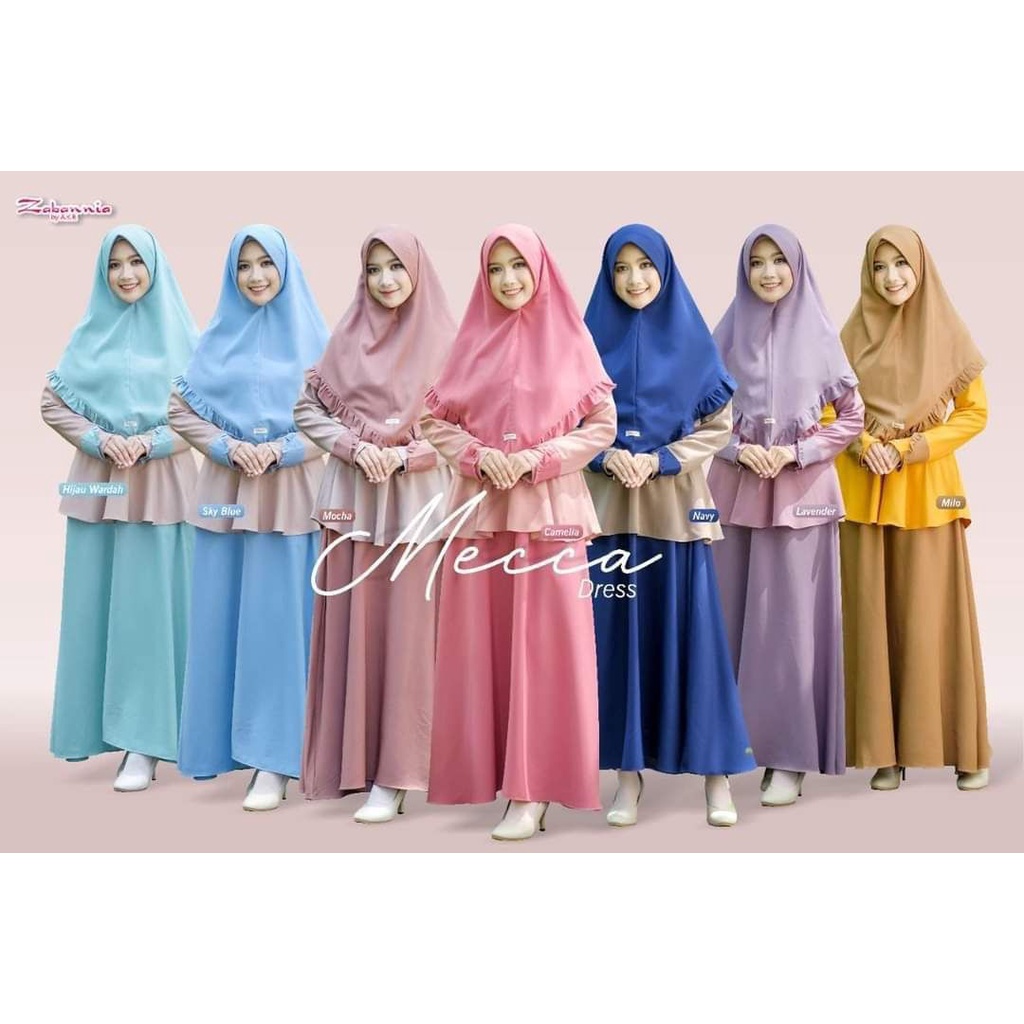 MECCA SET OUTER ORIGINAL BY ZABANNIA SETELAN GAMIS HIJAB KHIMAR DRESS BAJU BUSANA MUSLIM WANITA DEWA