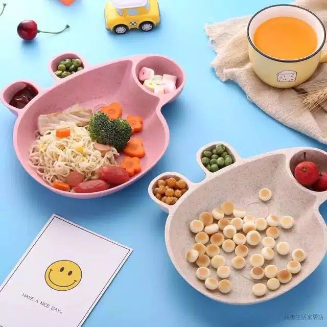 Piring Makan Set Anak Bentuk Piggy Wheat Straw /Mangkok Piring Set Anak Lucu