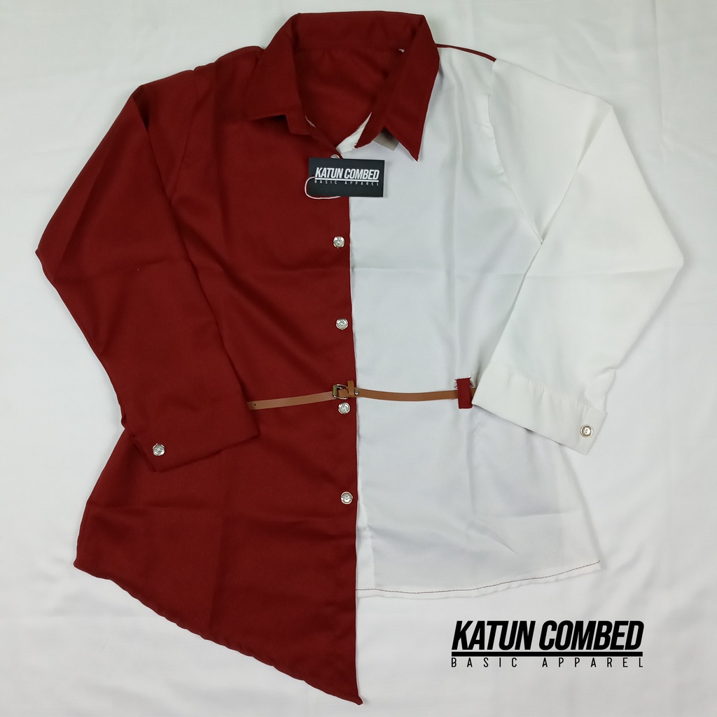 Kemeja Wanita Atasan Blouse Casual Polos Kombinasi Lengan Panjang Korean Style Model Ikat Pinggang-4