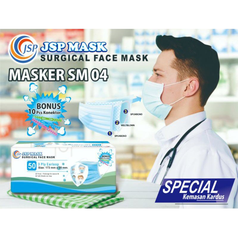 (JSP MASK) MASKER MEDIS SUDAH KEMENKES 3PLY ISI 50 PC FREE 10 CONNECTOR masker jsp SM04