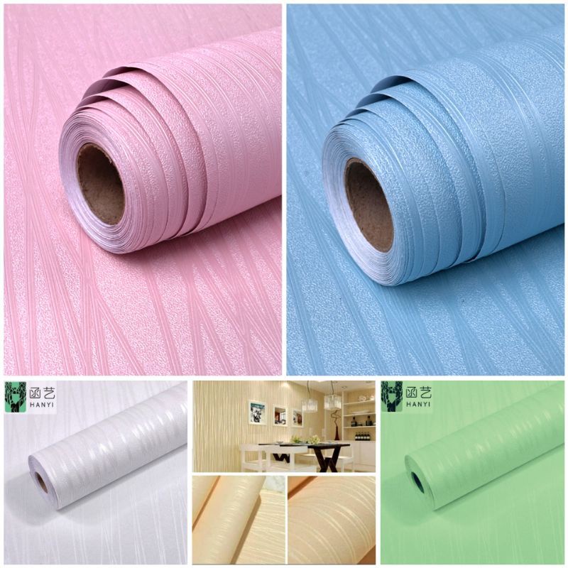 Wallpaper Dinding Salur Putih Kream Biru Pink Timbul Mewah Murah Sudah Ada Lem Perekatnya Polos Bert