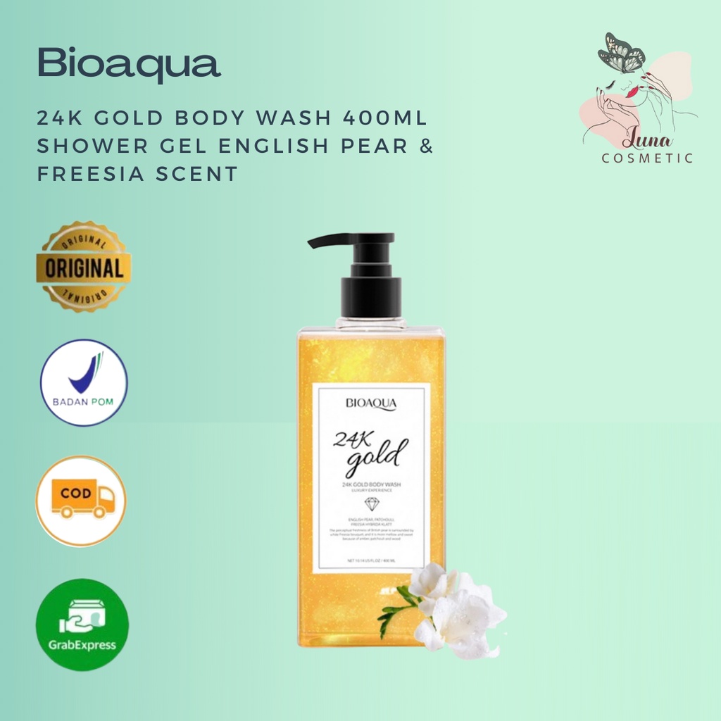 BIOAQUA 24K Gold Body Wash 400ml Shower Gel English Pear &amp; Freesia scent Sabun Mandi Cair Sabun Kecantikan Long lasting BPOM