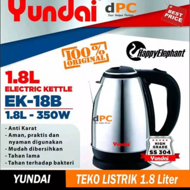 Teko Listrik Yundai 1.8liter Stainless Steel