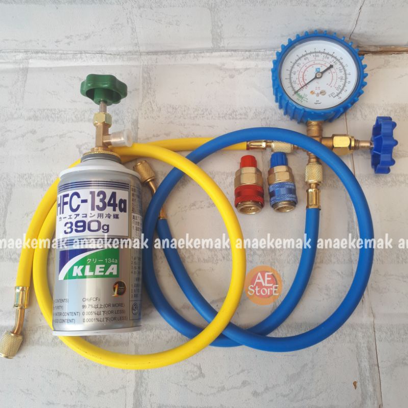 Paket lengkap Alat Isi ulang / tambah Ac Mobil R134a / 134a kran 339 selang gas ac kaleng single manifold 220 / 500 Psi Paket isi ac mobil kulkas anda paket hfc 134 a tinggal pake dingin murni