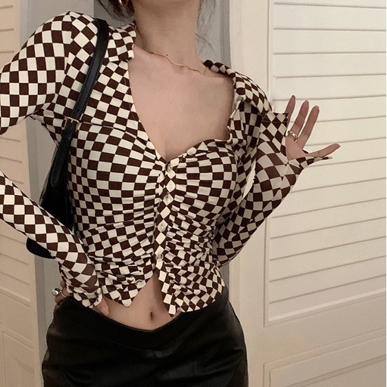 Women Retro Checkerboard Long Sleeve V-Neck Botton Atasan Wanita Lengan Panjang Motif Kotak - Kotak 2676